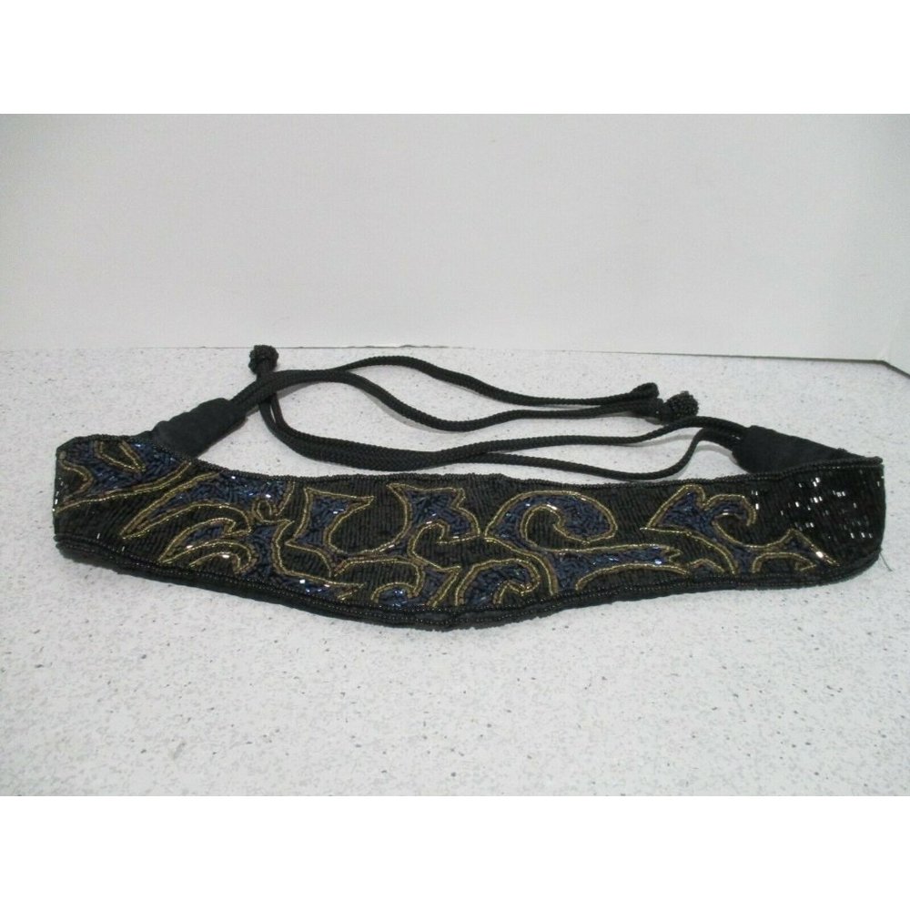 *Vintage C C Courtenay Black Midnight Blue Gold Swirl Beaded Cummerbund Tie Belt
